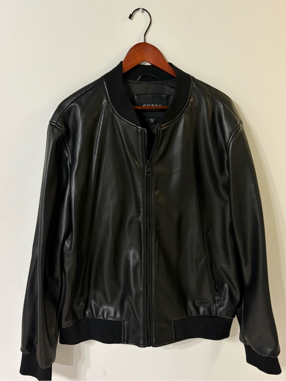 Guess Black Faux Leather Bomber Jacket